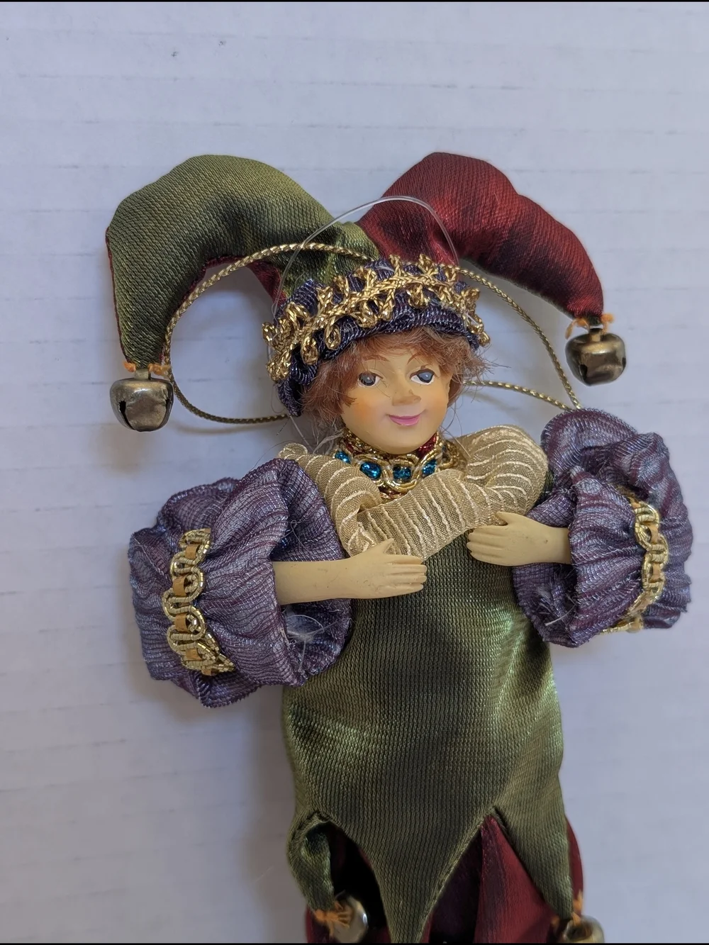 Handcrafted Jester Doll Ornament in Green, Red & Purple